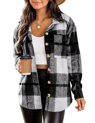 Zeagoo Flanell Hemdbluse Damen Karierte Hemdjacke Langarm mit Taschen Karo Hemd Bluse Blusenjacke Knopfleiste Westernhemd Herbst Winter Grau Schwarz...