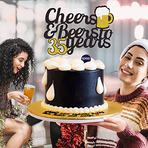Cheers To 35 Years Cake Topper, Happy 35Th Birthday Cake Topper, 35Th Anniversary Birthday Party Supplies Black And Gold Glitter Decorations Double Sided #TOP5