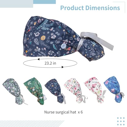 6 Stück gefütterte OP-Hauben für Krankenschwestern, OP-Hüte für Frauen mit Gummiband, Pferdeschwanz, verstellbarer Tasche und Bindeband hinten
