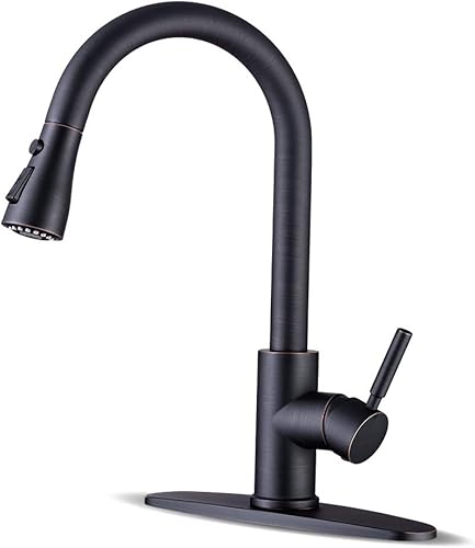 WEWE Grifos de cocina con pulverizador extraíble, grifo de cocina de granja de bronce aceitado, comercial, moderno, de arco alto, acero inoxidable,