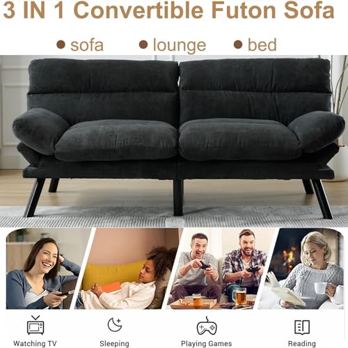 Modern Linen Velvet Convertible Folding Futon Couch Sofa Bed Adjustable Pillow Top Arm Memory Foam Couch Double Loveseat Sofa for Compact Living Space,Dorm,Game Studio,Apartment,Bedroom (Dark Gray) - Thumbnail 6