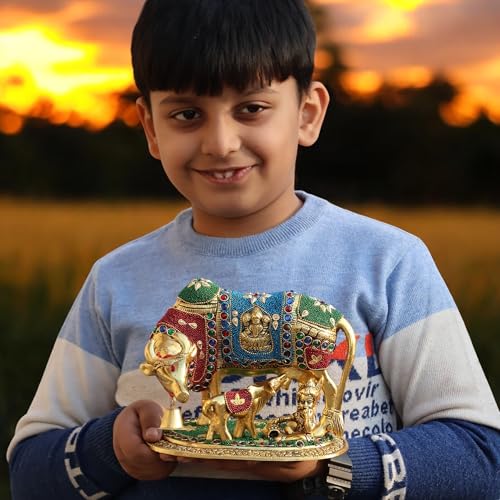 Image of KridayKraft Gold Plated Kamdhenu Cow with Calf Metal Statue for Good Luck Feng Shui & Vastu Showpiece As Table Top Religious Idol Gau MATA, 20 cm, 13 cm
