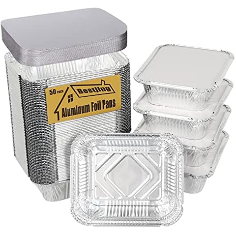 Bestjing 50 Pack Aluminum Pans 1 Lb/460 ml Capacity 5.9"×4.7"- Disposable Takeout Foil Pans Cooking Tins, Portable Food Containers with Cardboard Lids for, Baking, Meal Prep, Freezer, To-Go Containers Cover
