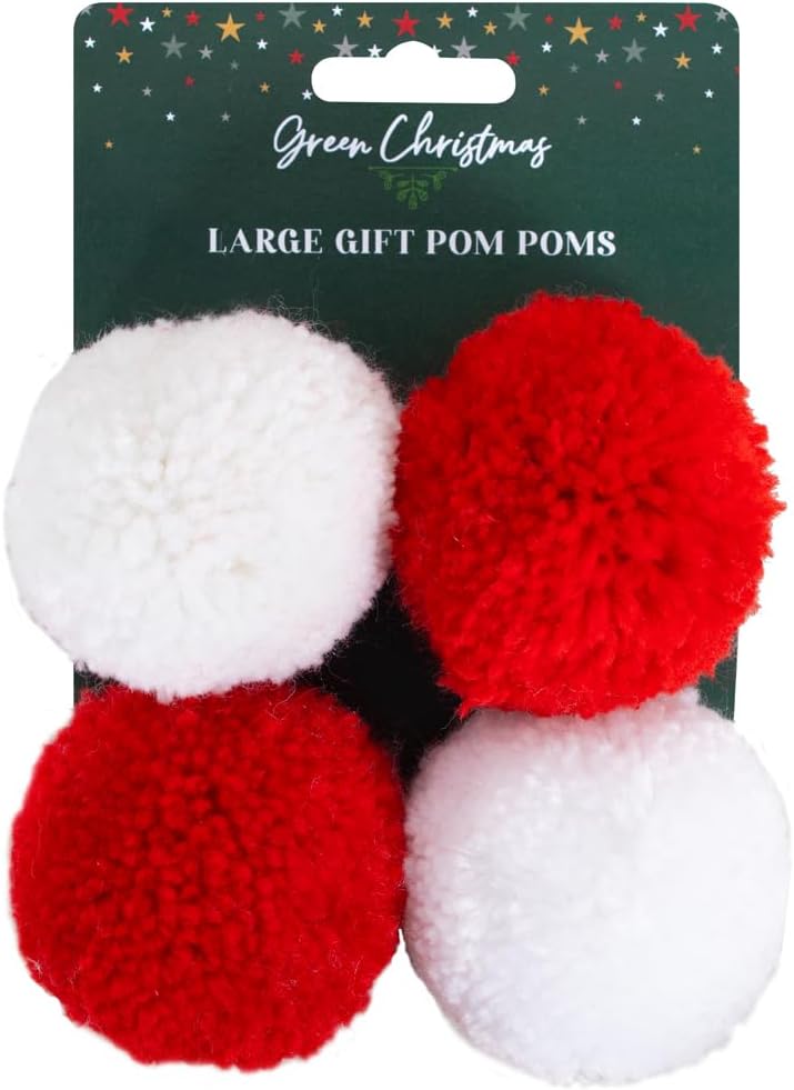 RSW Pack of 4 Large Christmas Pom Pom Gift Present Toppers - Red/White/- Gift Wrap Accessory Gift Bow - Perfect for Decorating Gifts, Presents, Xmas Wrap