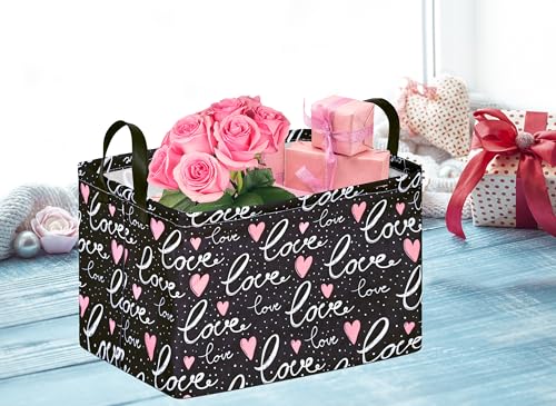 Image of Rectangle Gift Storage Basket Home Shelf Storage Basket Organizer Box Clothes Laundry Hamper Nursery Basket Laundry Basket with Handles (Black Love)