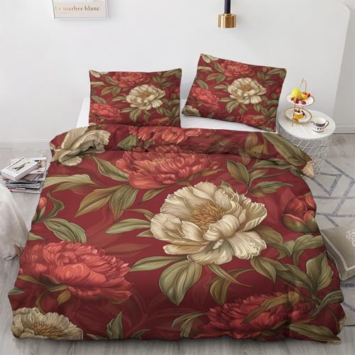 Bettwäsche 135x200 Pfingstrose Floral Motiv - Vintage Rot Bettbezug und 1...