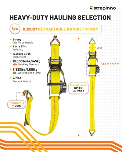 Strapinno Retractable Ratchet Tie-Down Strap - 2 In X 27 Ft Heavy-Duty Strap With Double J Hooks, Tangle-Free Webbing, 10,000Lbs Breaking Strength, And 3,333Lbs Working Load Limit (1 Pc) #TOP1