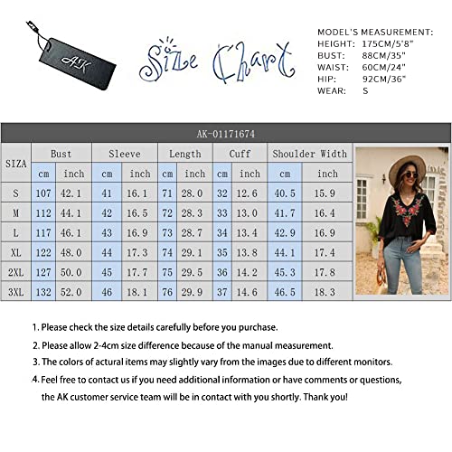 Ak Women's Boho Embroidered Tops 3/4 Sleeve Mexican Peasant Shirts Bohemian Loose Tunic Blouses #TOP5