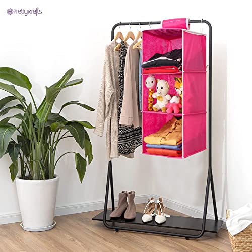 Image of PrettyKrafts 3-Shelf Fabric Hanging Wardrobe Organizer | Foldable Multipurpose Storage Almirah for Clothes, Shoes, & Toys | Space-Saving Closet Hanging Shelves with Engineered Wood Base (Pink)