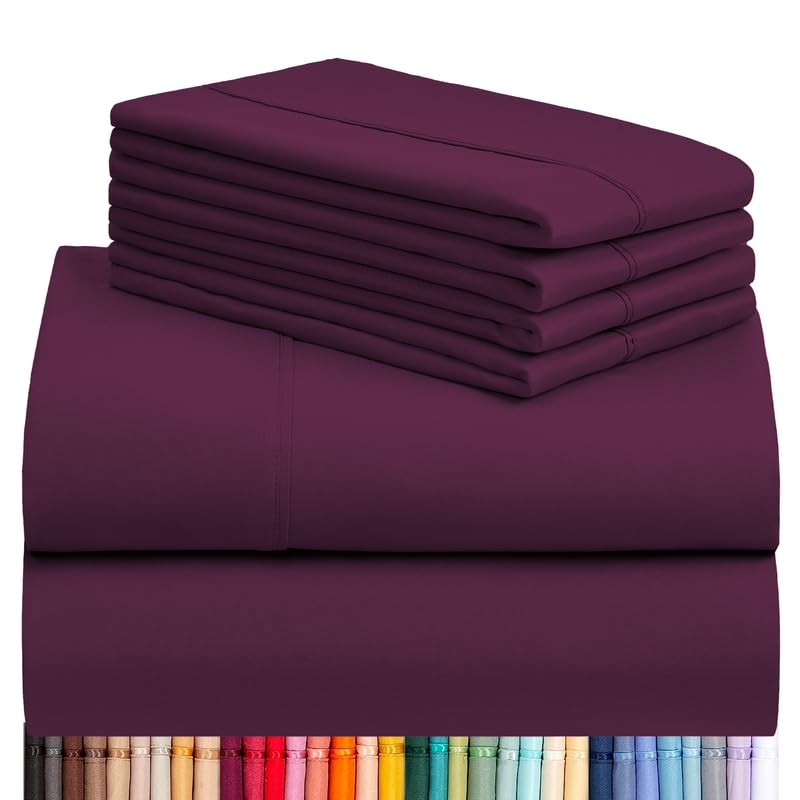 LuxClub 6 PC King Size Sheet Set Bed Sheets Deep Pockets 18" Eco Friendly Wrinkle Free Cooling Sheets Machine Washable Hotel Bedding Silky Soft - Eggplant King