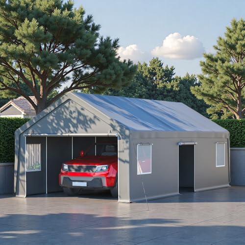 Trygoal 13x26 FT Heavy Duty Carport, Outdoor Storage Shed Tent with 2 Roll-Up Doors, 1 Side Door, Removable End Walls & Windows, All-Weather Portable Garage Shelter with 12-Leg Stability Frame, Grey - Thumbnail 6