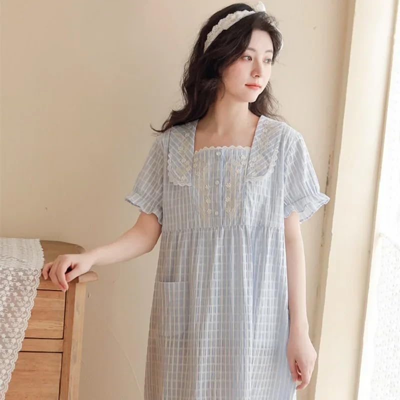 OFFSUM Camisón De Pijama De Mujer - Ropa De Dormir A Cuadros De Algodón Dulce De Verano Bata De Baño De Lencería con Temperamento De Talla Grande con Bordado De Encaje Y Cuello Cuadrado A La Moda