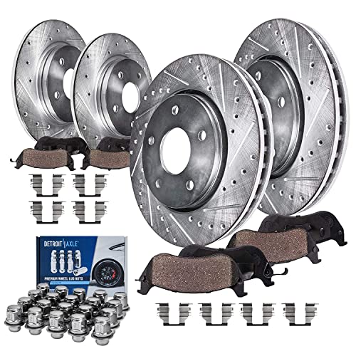 Image of Detroit Axle - Brake Kit for 2007-2013 Nissan Altima, 11.65'' inch Front & 11.46'' inch Rear Drilled Slotted Brake Rotors Ceramic Brake Pads Wheel Lug Nuts 2008 2009 2010 2011 2012 Replacement