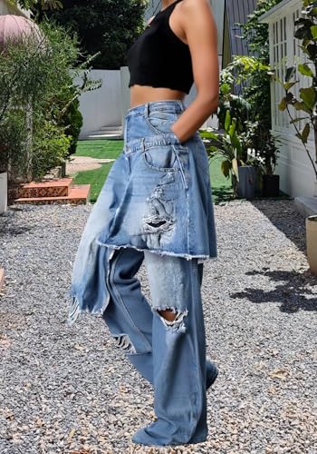 Women's Ripped Jeans Cargo High Waisted Tie Dye Boyfriend Jeans Loose Patchwork Denim Pants with Pocket4