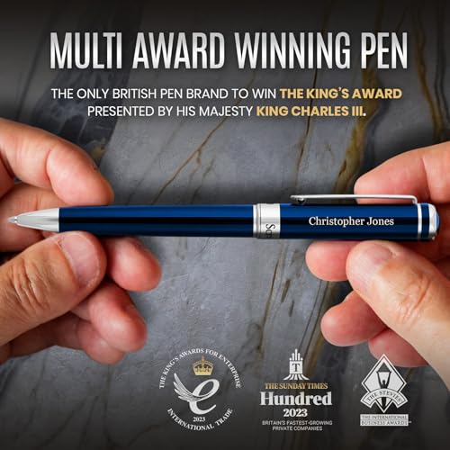 Image of Scriveiner Personalized Midnight Blue Ballpoint Pen - Stunning Blue Lacquer Luxury Pen, Chrome Finish, Schmidt Ink Refill, Best Engraved Ball Point Gift Set for Men & Women, Custom Name Engraving