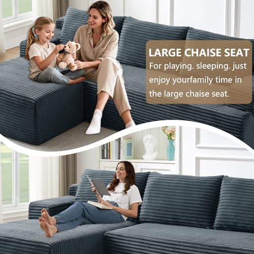Image of 96.1 inch Modular Sectional Sofa Couches L-Shape Couch 3 Seat Modular Sofa Corduroy Memory Foam Sectional Boneless Couches for Living Room, Cloud Couch with Oversized Chaise(Dark Gray, Left Facing)