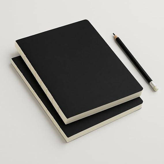 Difference Promotion Special Design A4 Notebook with Black Kraft Cover - 180 Degree Openable, Back Stitched, 100% Handcrafted, Ideal Notebook for Office, School, Daily Use (Cquared)