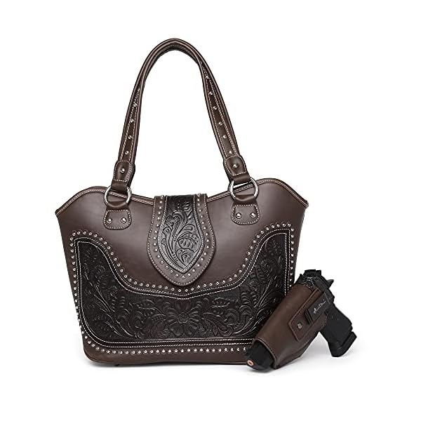 Montana-West-Womens-Western-Handbag-Leather-Shoulder-Bag-Tooled-Concealed-Carry-Purse-with-Detachable-Holster Montana West Western Handbag Tooled Shoulder Bag Leather Tote Bag with Detachable Holster for Women WRLH-8005CF
