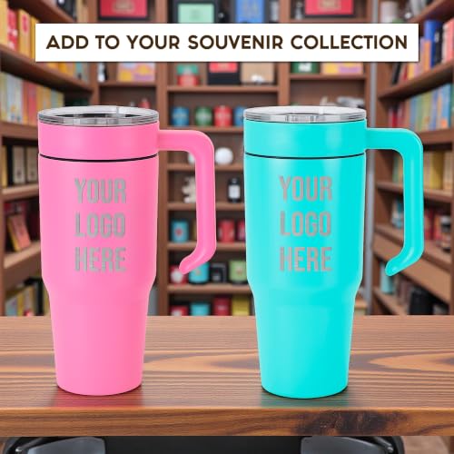 Image of Custom Engraved 30 oz Tumbler with Handle for Company Branding | 30 oz insulated stainless steel tumbler, laser engraved with your custom logo for business branding and gifts