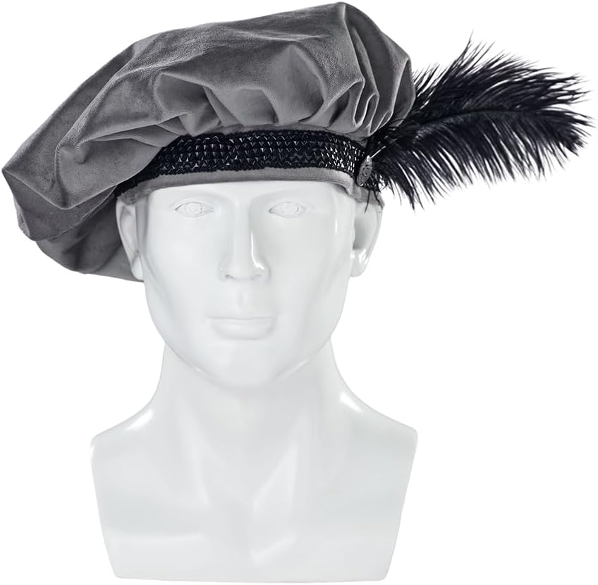 Willyacos Medieval Tudor Hat with Feather Velvet Renaissance Muffin Hat Tudor Flat Cap Minstrel Costume Elizabethan Hat Men - Image 2