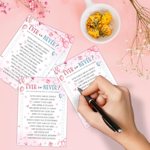 Image of Pink Slumber Party Games Card - Coquette Pink Bow Themed Sleepover Slumber Party Supplies- Sleepover Stuff- Birthday Night Games Creative Idea -Ever or Never- 20 Game Cards