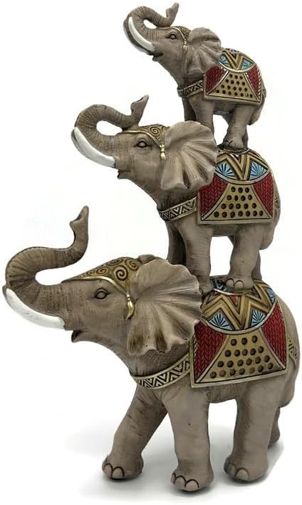 Set of 3 Decorative Elephant Figurines 10.5 Inch | Mother Elephant Carrying Baby Elephants | Resin Animal Statue for Home Decor | Spiritual Good Luck Showpiece for Living Room or Office
