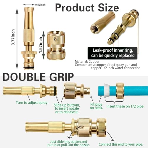 Image of Brass Water Spray Nozzle for 1 /2 Inch Hose Pipe, Adjustable High Pressure Spray Gun, Heavy Duty Push-Fit Nozzle for Car Wash, Bike Cleaning, Gardening and Window Cleaning