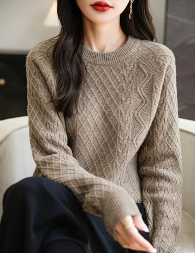 Women's 100% Merino Wool Sweater 2025 Fall Winter Casual Crew Neck Warm Long Sleeve Cable Knit Pullover Sweater2