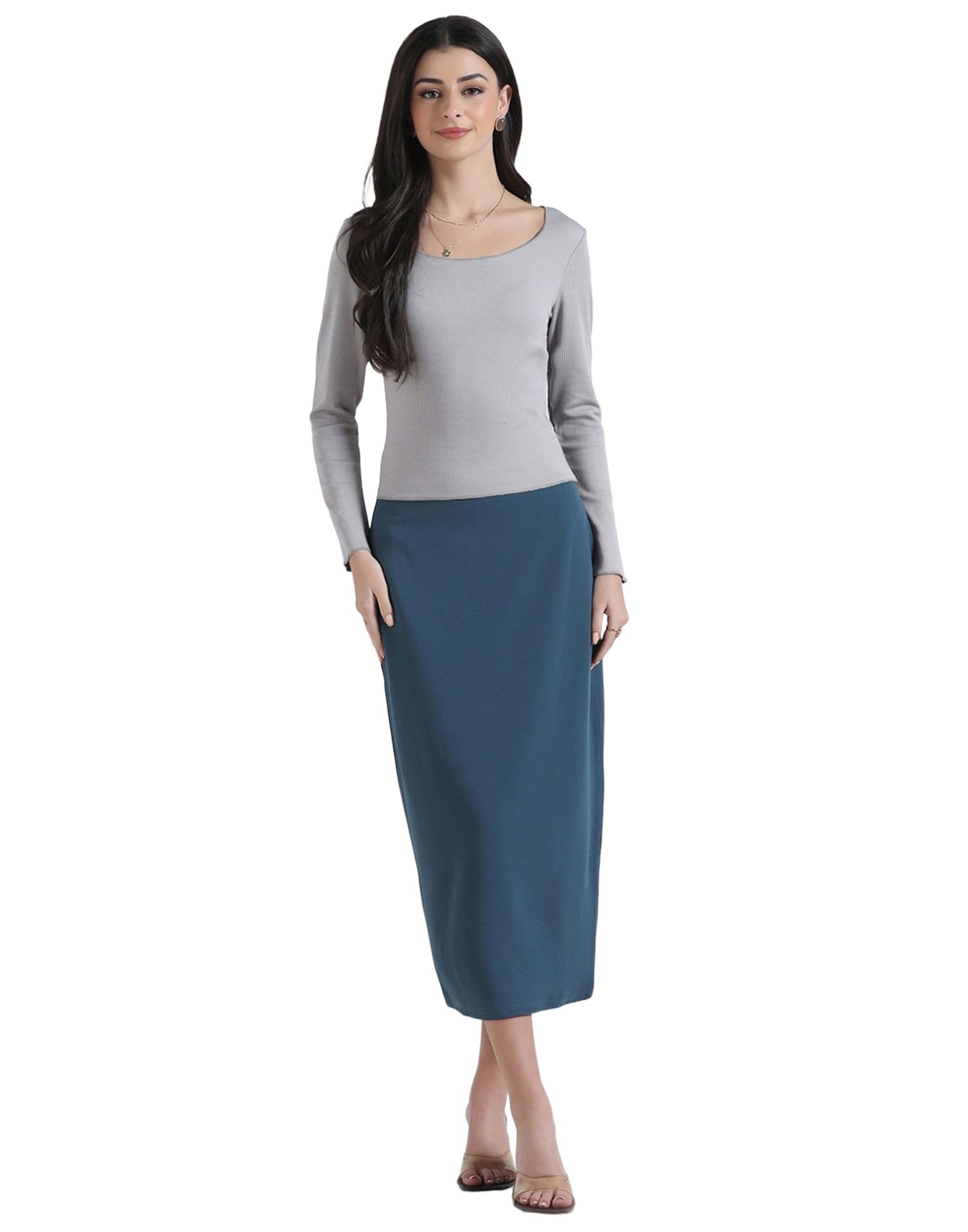 Ribbed Lycra Co-ord Set for Women, Grey Top and Blue Midi Skirt Set