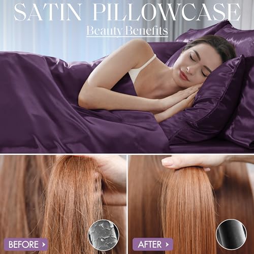 Image of Madison Park Essentials Satin Sheets King Size Bed Set, 6 Piece, Purple | Luxury and Smooth Silky Bedding with Natural Sheen, All Around Elastic 14 inch Pocket fits up to 16 inch Mattress, Year-Round Cozy