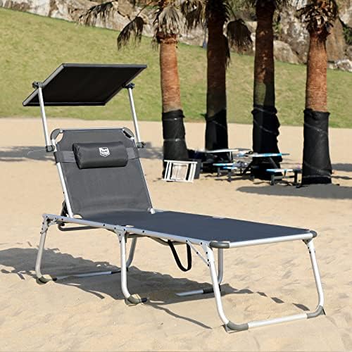 Timber Ridge Garden Foldable Sun Lounger, High Tall Sunbed with 6-Position Adjustable Backrest Padded Headrest Sunshade, Sun Loungers for Garden Outdoor Camping Beach Patio, Load 120 kg