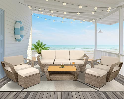 Leisu Outdoor Patio Furniture Sets 6 Pieces Wicker Rattan Outdoor Sectional Sofa Conversation Set With Ottomans Wood Coffee Table For Garden Balcony Backyard Porch (Grey+3-Seat Sofa) #TOP6