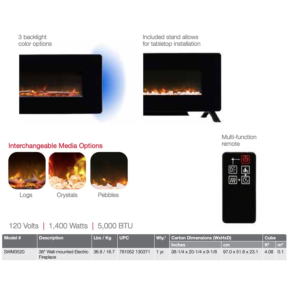 Winslow Chimenea eléctrica montada en la pared, 35 pulgadas, negro, 1400 W, moderna chimenea eléctrica de pared con calentador, múltiples opciones de medios, control remoto, chimeneas delgadas 4