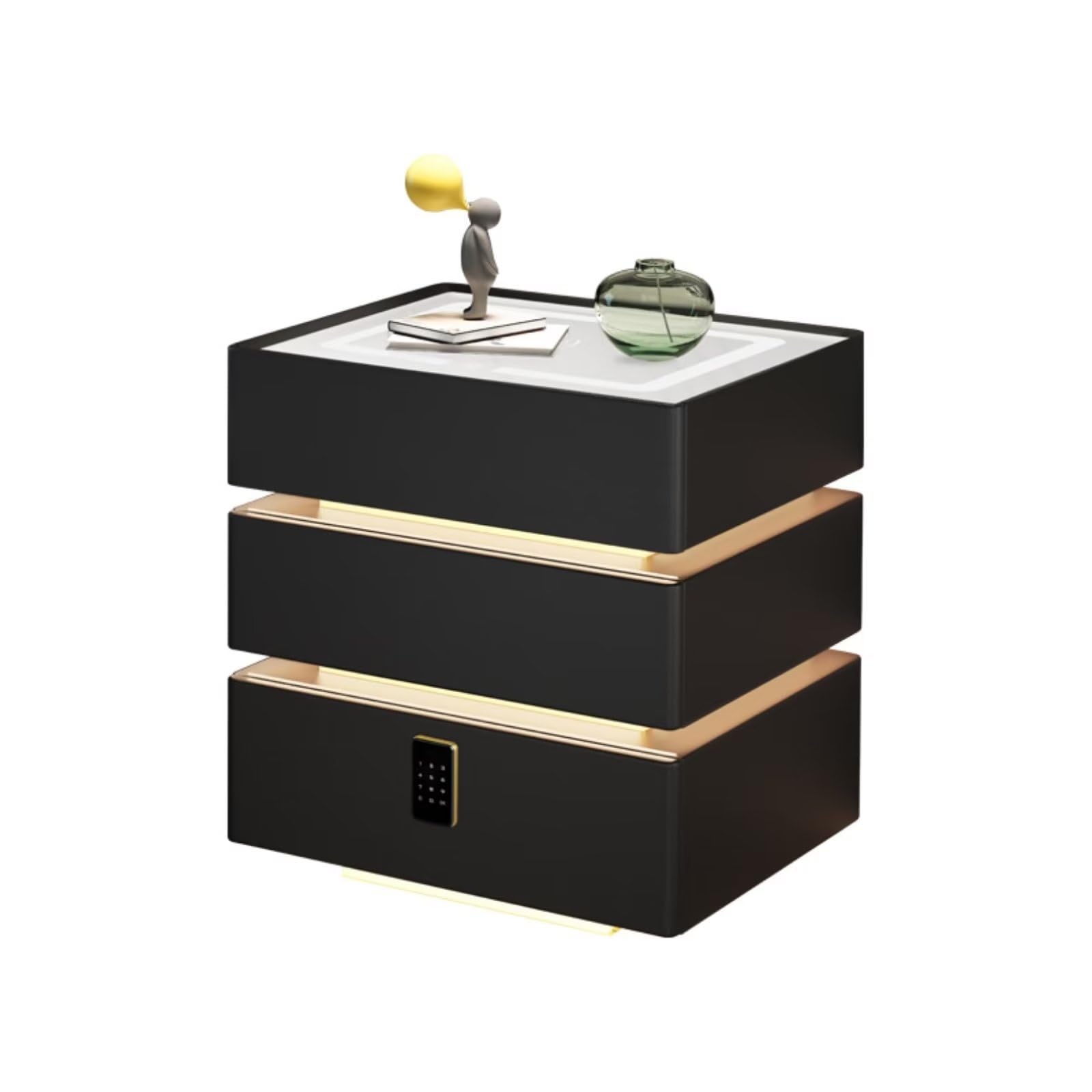 Table de chevet intelligente noire avec chargeur USB et coffre-fort à code