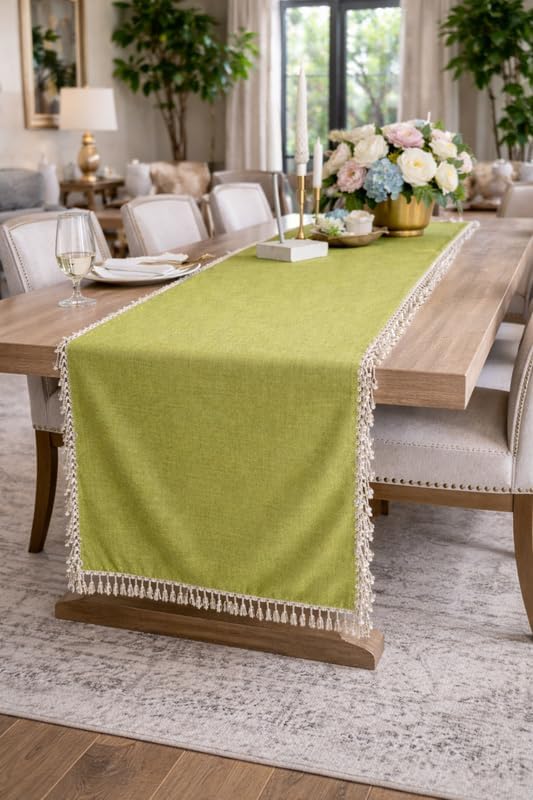 WWW.THROWPILLOW.IN Green Cotton Linen Table Runner with Crystals 14x90 Inches Fits 6.5 Feet TV Unit Cabinet, Center Table, Coffee Table, Dining Table, Dresser