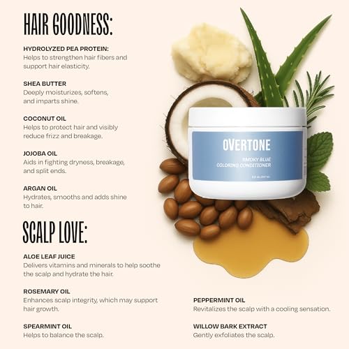 Image of Overtone Semi Permanent Hair Color Conditioner, Smoky Sapphire, 8 oz, Nourishing, Damage-Free, Color Depositing Mask for All Hair Types with Shea Butter & Coconut Oil, Vegan & Cruelty-Free