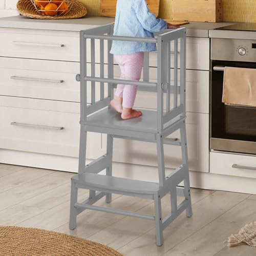 Image of COSYLAND Kids Kitchen Step Stool Helper with Gloves Removable Anti-Drop Railing Safety Rail, Non-Slip Mat Standing Tower Stepping Stool for Toddlers Bathroom Sink Counter Learning 1.5-3 Years Grey