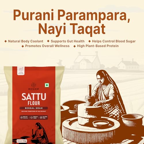 Image of ROSIER Chana Sattu Atta 1kg | Roasted Bengal Gram Flour | High Protein & High Fibre | Instant Energy Drink & Cooking Flour | Chakki Ground | Gluten-Free | No Additives