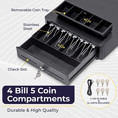 Cash Register Drawer For (Pos) Point Of Sale System With Round Corner 13", Removable Coin Tray, 4 Bill/5 Coin, 24V, Rj11/Rj12 Key-Lock, Media Slot,Cash Till, Money Drawer For Businesses, Black #TOP2