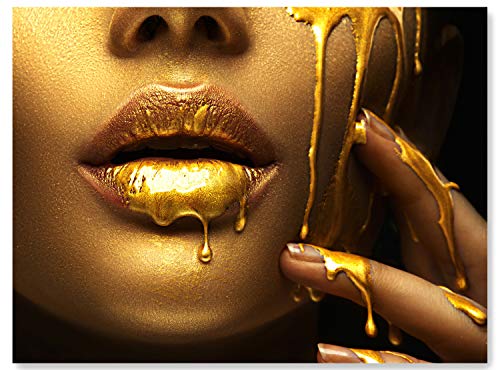 wandmotiv24 Imagen sobre Lienzo, colección Gold, tamaño 120x90cm, Formato apaisado, Mujer en Dorado, Pintura goteando, Top Model, Maquillaje, Gotas,decoración Moderna M0165 Cover