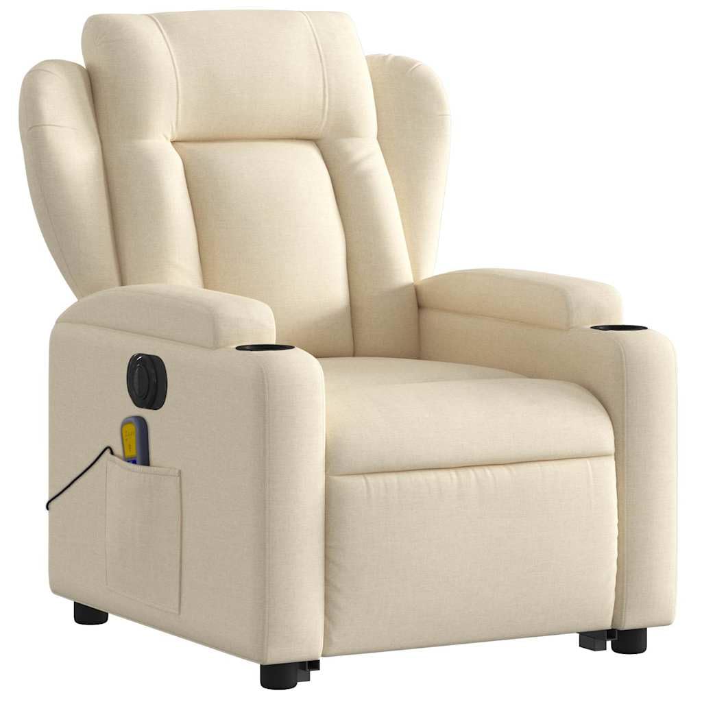Elektrischer Relaxsessel Creme Stoff mit Aufstehhilfe, Liegefunktion, 6-Punkt-Vibrationsmassage, Armlehnen, Getränkehalter, Seitentasche, modernes Design