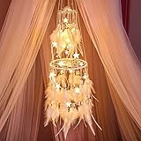 Alynsehom Dream Catcher White Feather Light Up LED Star Fairy String Lights Double Circle Dreamcatcher Wedding Wall Hanging Nursery Kids Bedroom Baby Tent Decoration