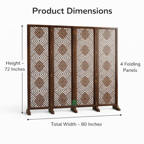 Image of Wooden Room Divider 6 Feet, 4-Panel Folding Wooden Partition for Living Room, Office, Pooja Room, Restaurant, Kitchen & Balcony (2W x 1.82H Meters). (Brown-Mixed Design)