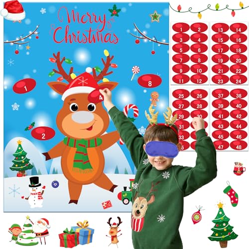 Christmas Games for Family Party Pin The Nose On The Reindeer with 48pcs Stickers Christmas Party...