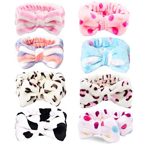 8 Pack Bow Hair Band, Coral Fleece Makeup Headband Cosmetic Headband ,Soft plush elastic hair band for Washing Face Shower Spa Mask