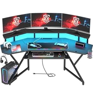 72″ Gaming Desk with Power Outlet & Led Strip, Large Wing-Shaped Computer Desk w Monitor Stand & Keyboard Tray & RGB Mouse Pad, Studio Desk w Storage Shelf Headphone Hook Cup Holder