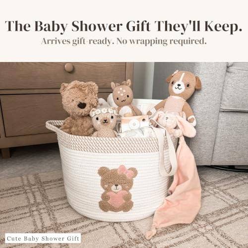 Image of Pink Teddy Bear Baby Storage Basket, Cotton Rope Nursery Bin, 15x11 in | Stuffed Animal and Blanket Storage, Embroidered Bear Patch, Baby Girl Room Decor, Gift, Kids Playroom Organizer