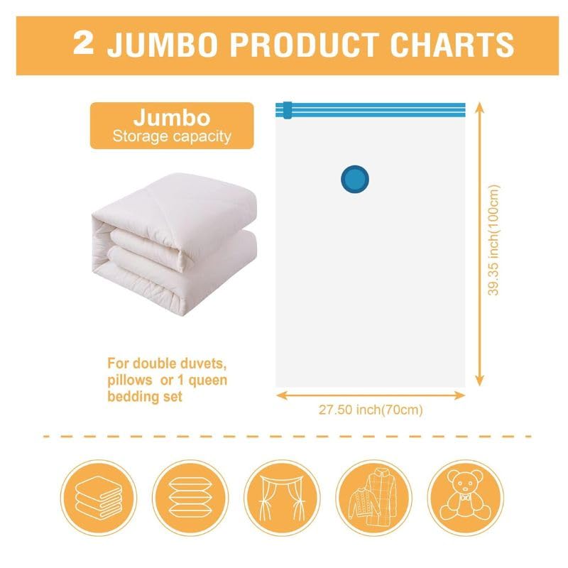 Image of 2 Jumbo Vacuum Bags for Travel, Space Saver Bags Compression Storage Bags,Storage Vacuum Sealer Bags for Clothes Storage, Vaccine Packing Bag Size (2 JUMBO (70x100cm) - WITH HANDPUMP)