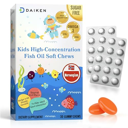 DAIKEN High Concentration Kids Fish Oil Omega-3 Gummies, No Sugar Added, Individually Wrapped, 300 mg Omega-3 (DHA & EPA) with Vitamin D3 for Kid, 30...