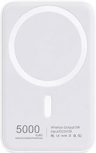 Magnetic Battery Pack for iPhone, 5000mAh Wireless Charger | 5W Wireless Output, DC5V/2A Input, Compact Design, Portable Power Bank, White Finish